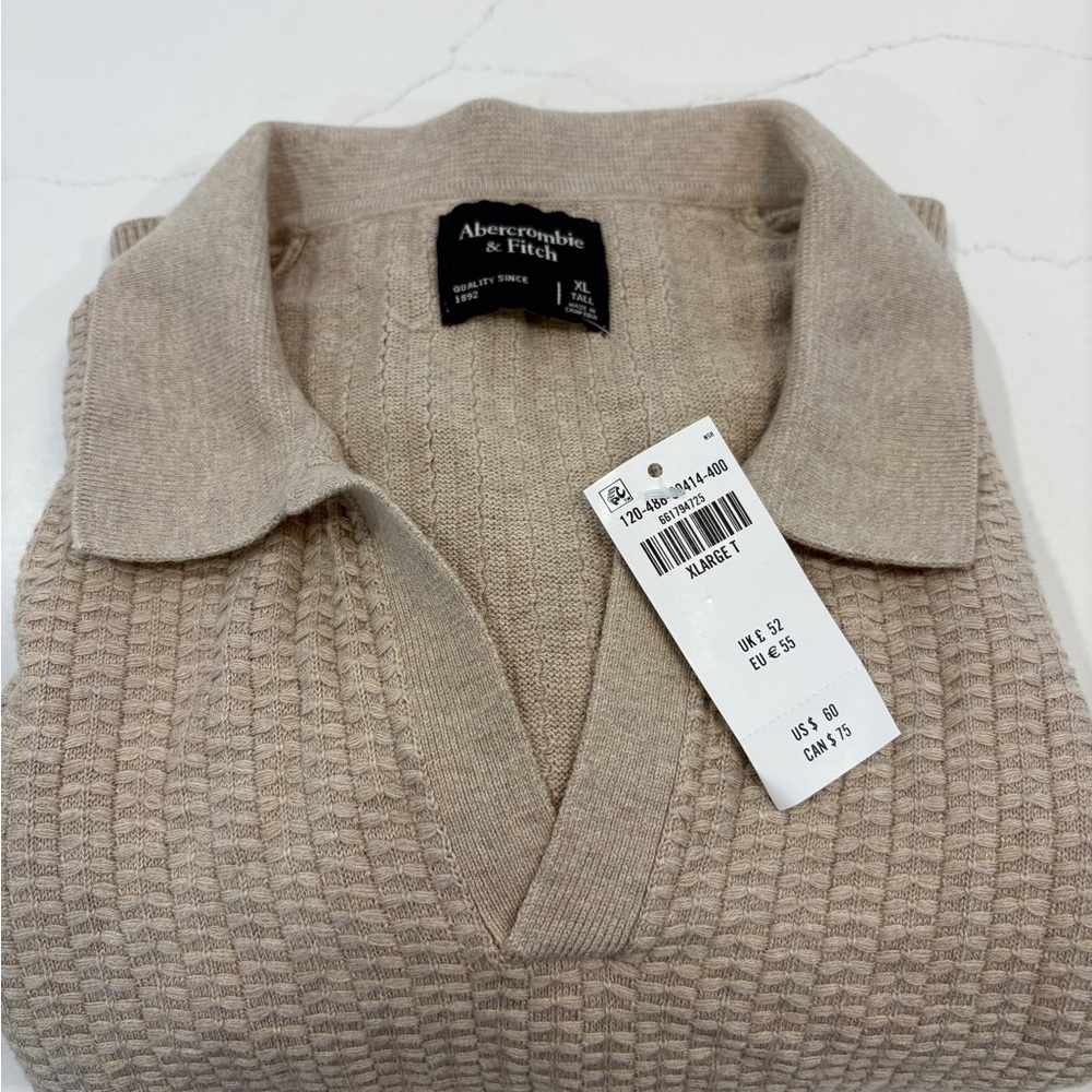 Abercrombie & Fitch Taupe XL Classic Stitch Johnny Collar Sweater Polo